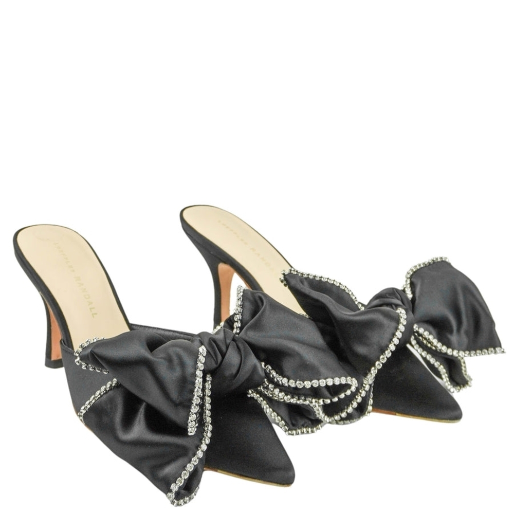 Nib Loeffler Randall Black Textile Heels with Dazzling Embelished Bow